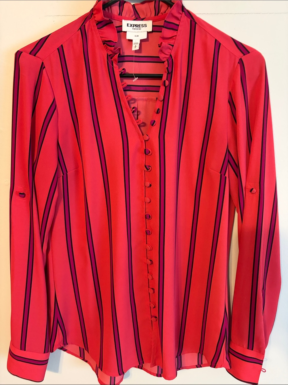 Express deep pink/red with fushia Stripes Ruffle neck -Trim Button Blouse. Small
